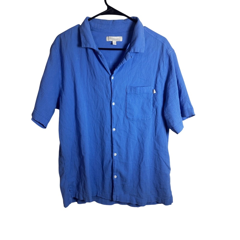 Standard Cloth Short Sleeve Textured Cotton Camp Shirt Blue Medium OB0281465